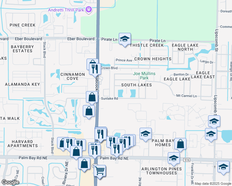 map of restaurants, bars, coffee shops, grocery stores, and more near 4381 Silver Lake Drive in Melbourne