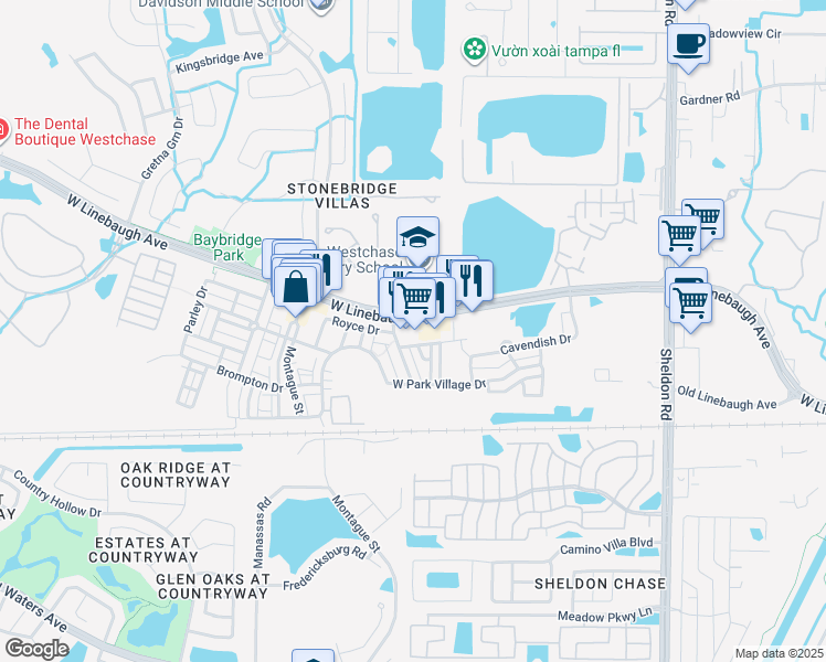 map of restaurants, bars, coffee shops, grocery stores, and more near 10024 Bentley Way in Tampa