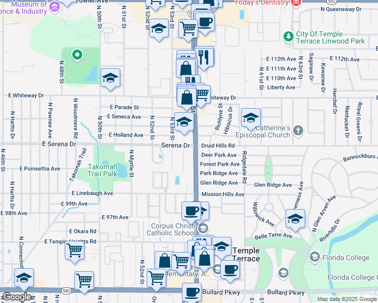 map of restaurants, bars, coffee shops, grocery stores, and more near in Temple Terrace