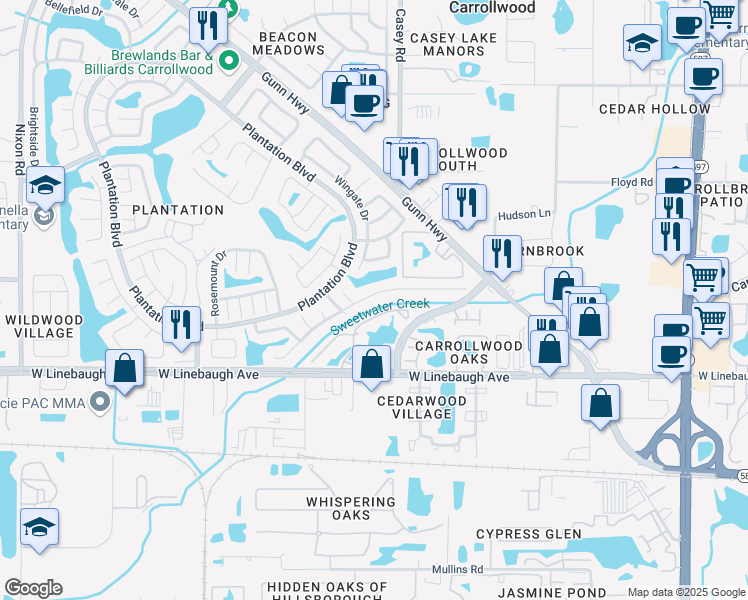 map of restaurants, bars, coffee shops, grocery stores, and more near 4520 Shadberry Drive in Tampa