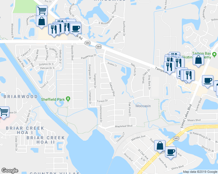 map of restaurants, bars, coffee shops, grocery stores, and more near 1806 Driftwood Circle South in Oldsmar