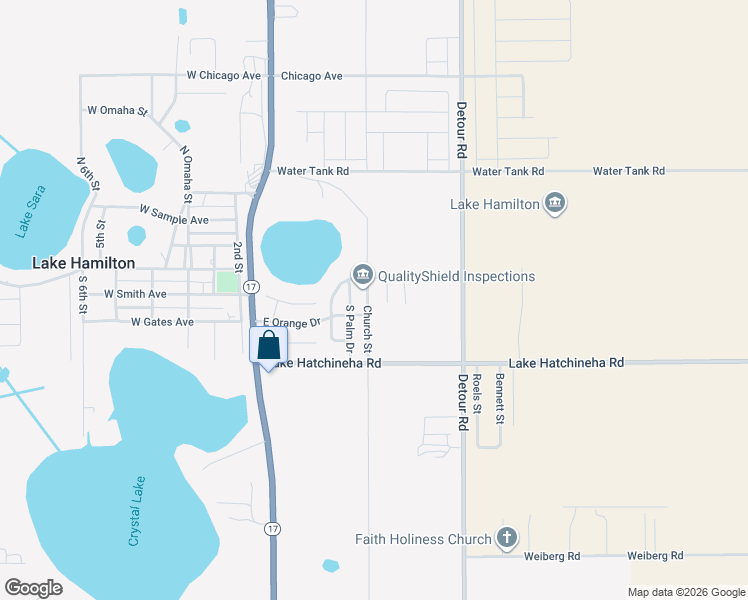 map of restaurants, bars, coffee shops, grocery stores, and more near 122 Church Street in Lake Hamilton