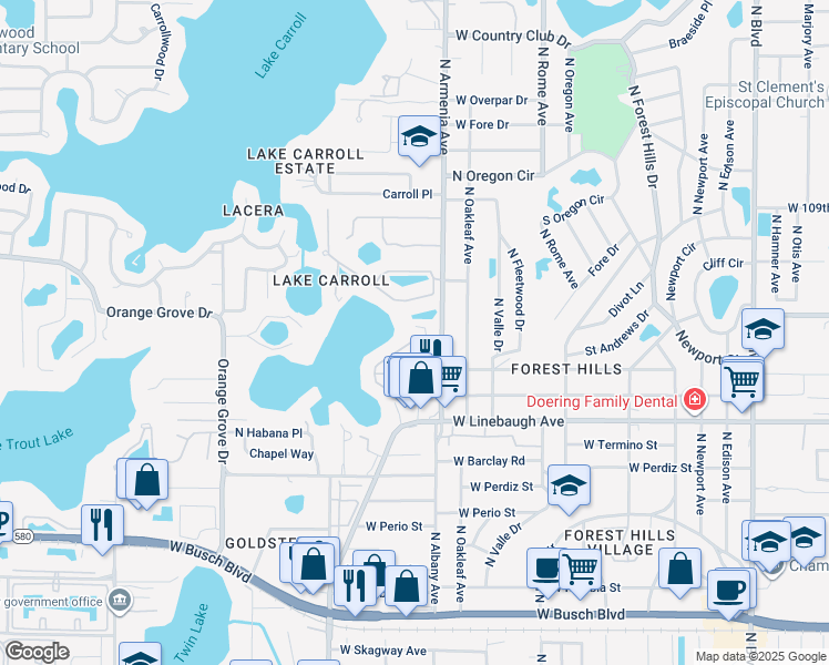 map of restaurants, bars, coffee shops, grocery stores, and more near 10200 North Armenia Avenue in Tampa