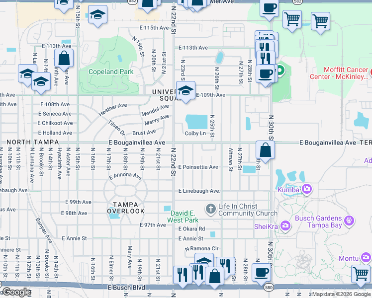 map of restaurants, bars, coffee shops, grocery stores, and more near 10210 North 23rd Street in Tampa