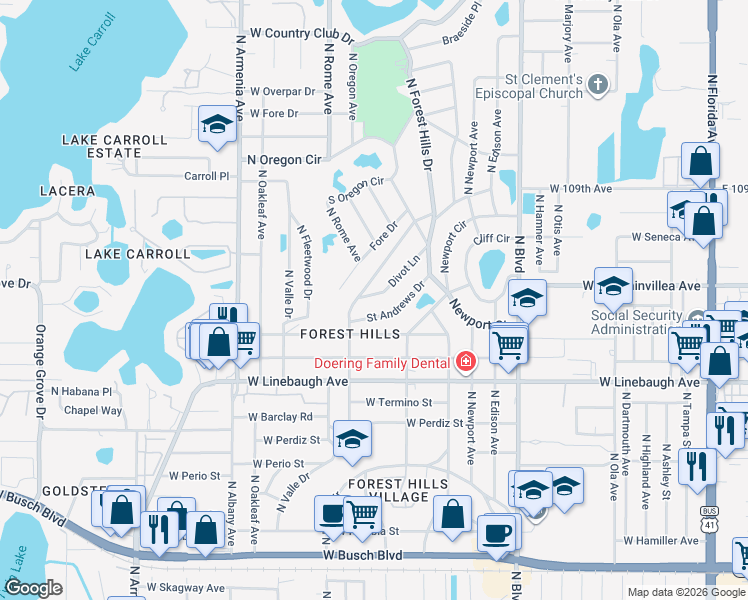 map of restaurants, bars, coffee shops, grocery stores, and more near 1327 Saint Andrews Drive in Tampa