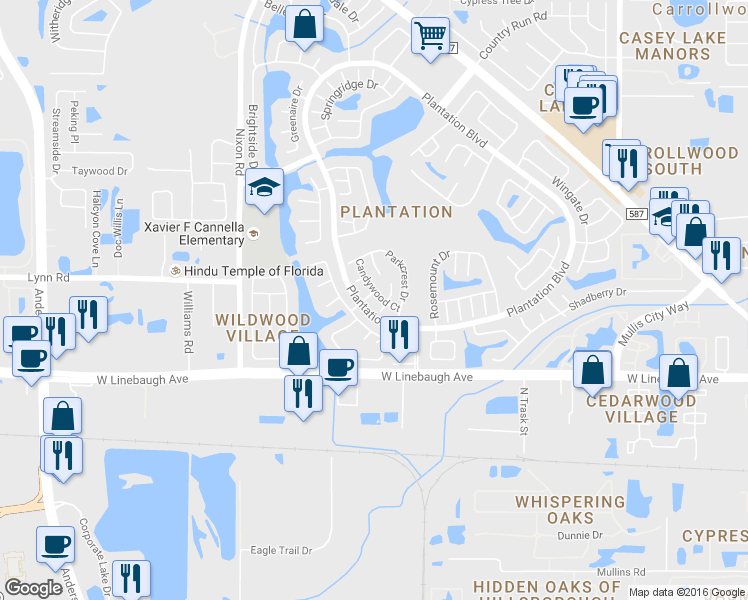 map of restaurants, bars, coffee shops, grocery stores, and more near 10305 Bramblewood Place in Tampa