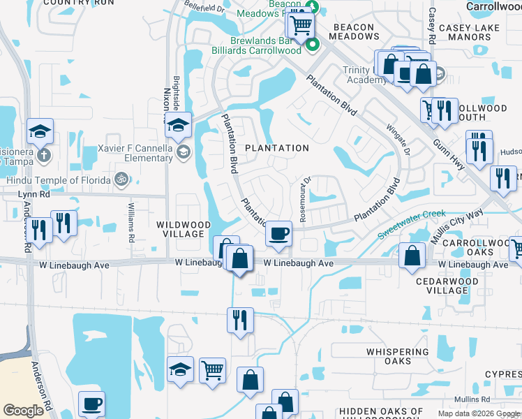 map of restaurants, bars, coffee shops, grocery stores, and more near 10304 Parkcrest Drive in Tampa