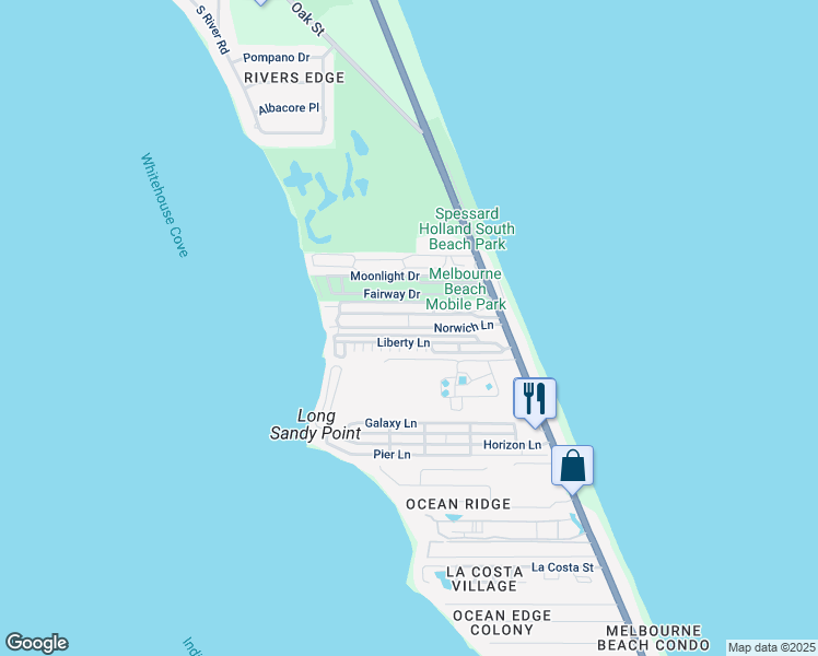 map of restaurants, bars, coffee shops, grocery stores, and more near 233 Norwich Lane in Melbourne Beach