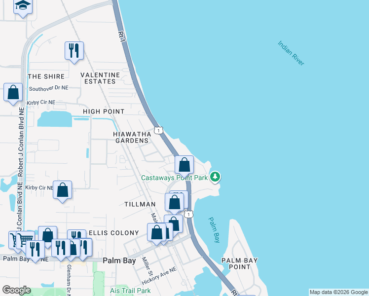 map of restaurants, bars, coffee shops, grocery stores, and more near 3122 Bay Boulevard Northeast in Palm Bay
