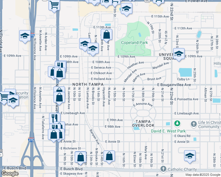map of restaurants, bars, coffee shops, grocery stores, and more near 10106 North 15th Street in Tampa
