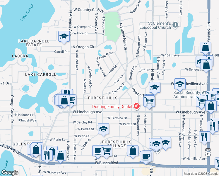 map of restaurants, bars, coffee shops, grocery stores, and more near 1327 Saint Andrews Drive in Tampa