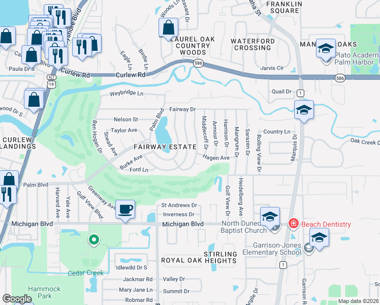 map of restaurants, bars, coffee shops, grocery stores, and more near 2311 Jones Drive in Dunedin