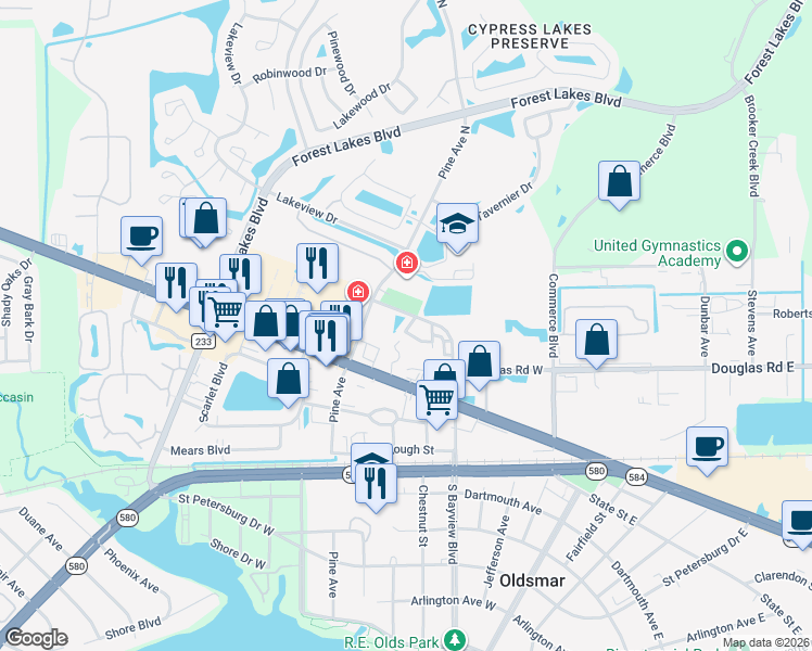 map of restaurants, bars, coffee shops, grocery stores, and more near 103 Cutlass Way in Oldsmar