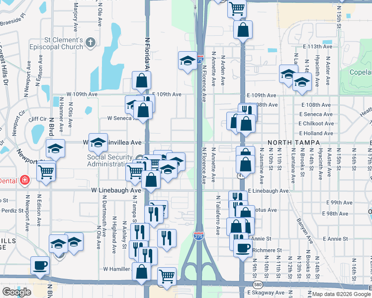 map of restaurants, bars, coffee shops, grocery stores, and more near 310 East Althea Avenue in Tampa