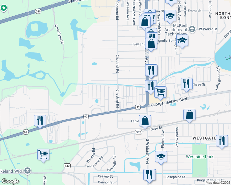 map of restaurants, bars, coffee shops, grocery stores, and more near 214 North Chestnut Road in Lakeland