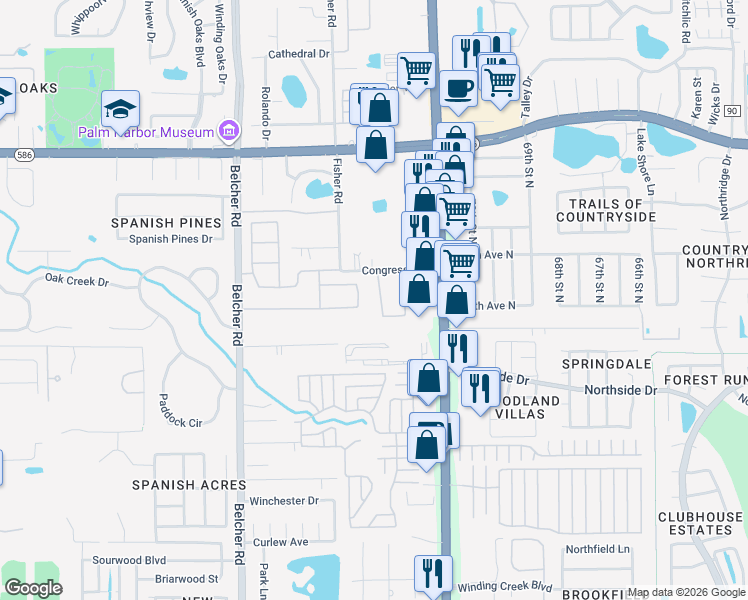 map of restaurants, bars, coffee shops, grocery stores, and more near 3326 Covered Bridge Drive West in Dunedin