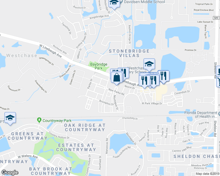 map of restaurants, bars, coffee shops, grocery stores, and more near 9915 New Parke Road in Tampa