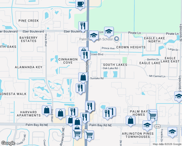 map of restaurants, bars, coffee shops, grocery stores, and more near Sunlake Road in Melbourne