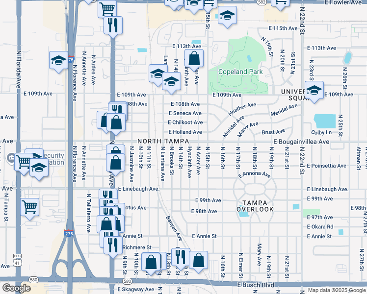 map of restaurants, bars, coffee shops, grocery stores, and more near 10119 North 14th Street in Tampa