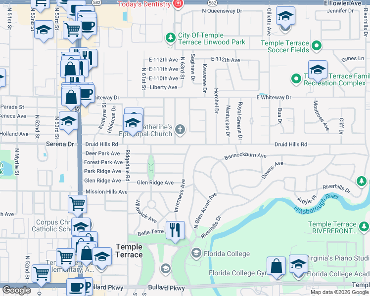 map of restaurants, bars, coffee shops, grocery stores, and more near 316 Inverness Avenue in Temple Terrace