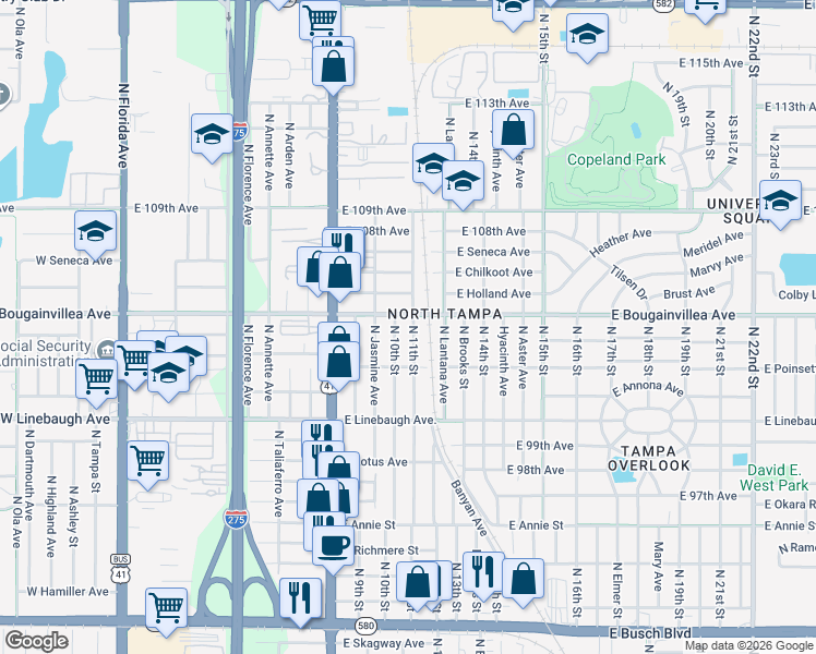 map of restaurants, bars, coffee shops, grocery stores, and more near 10109 North 11th Street in Tampa