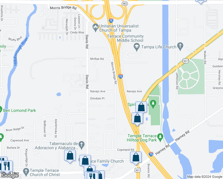 map of restaurants, bars, coffee shops, grocery stores, and more near 8914 Navajo Avenue in Tampa