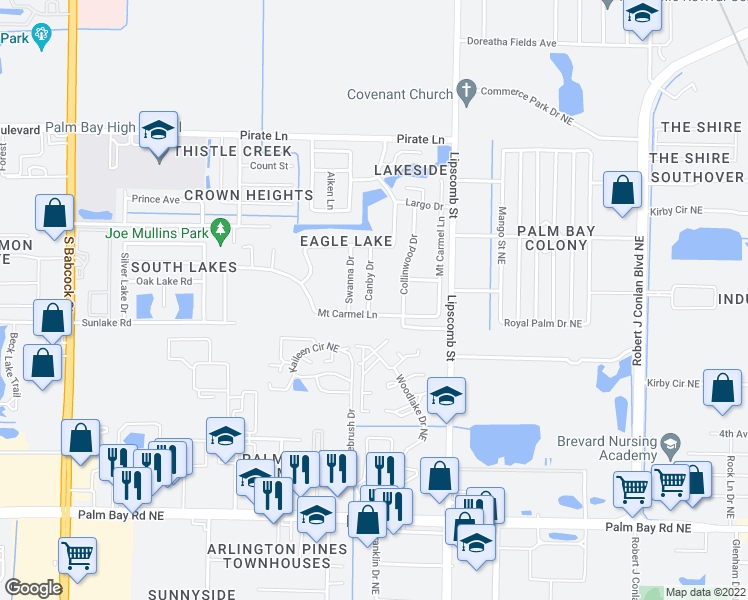 map of restaurants, bars, coffee shops, grocery stores, and more near 4335 Canby Drive in Melbourne