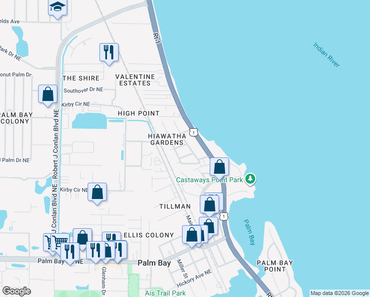 map of restaurants, bars, coffee shops, grocery stores, and more near 2837 Shwonda Avenue Northeast in Palm Bay