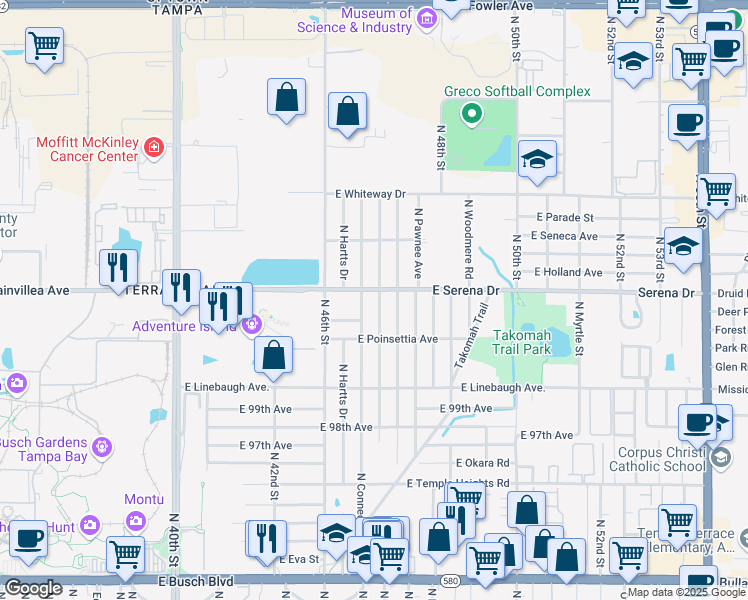 map of restaurants, bars, coffee shops, grocery stores, and more near 4616 East Navajo Avenue in Tampa