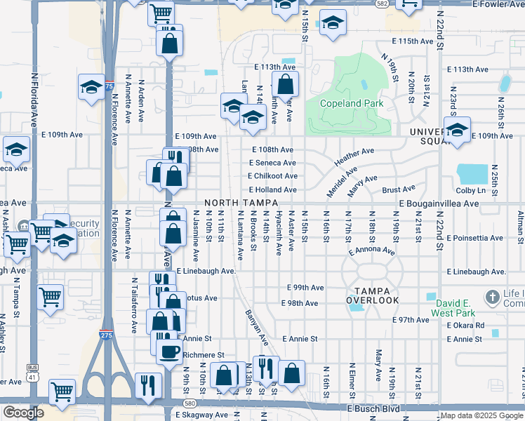 map of restaurants, bars, coffee shops, grocery stores, and more near 10110 North Brooks Street in Tampa