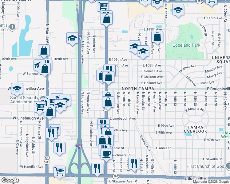 map of restaurants, bars, coffee shops, grocery stores, and more near 10309 North Nebraska Avenue in Tampa