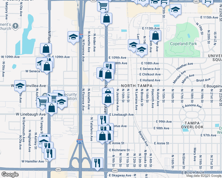 map of restaurants, bars, coffee shops, grocery stores, and more near 10309 North Nebraska Avenue in Tampa