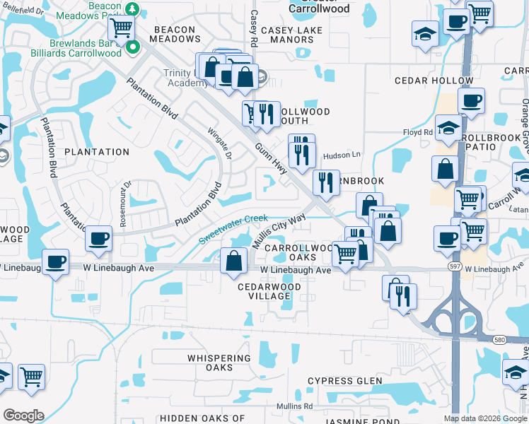 map of restaurants, bars, coffee shops, grocery stores, and more near 10151 Mullis City Way in Tampa