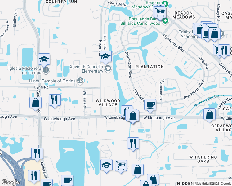 map of restaurants, bars, coffee shops, grocery stores, and more near 10114 Cedar Dune Drive in Tampa