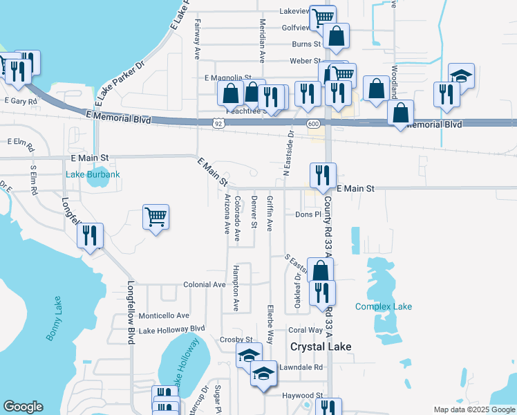 map of restaurants, bars, coffee shops, grocery stores, and more near 128 Idaho Avenue in Lakeland