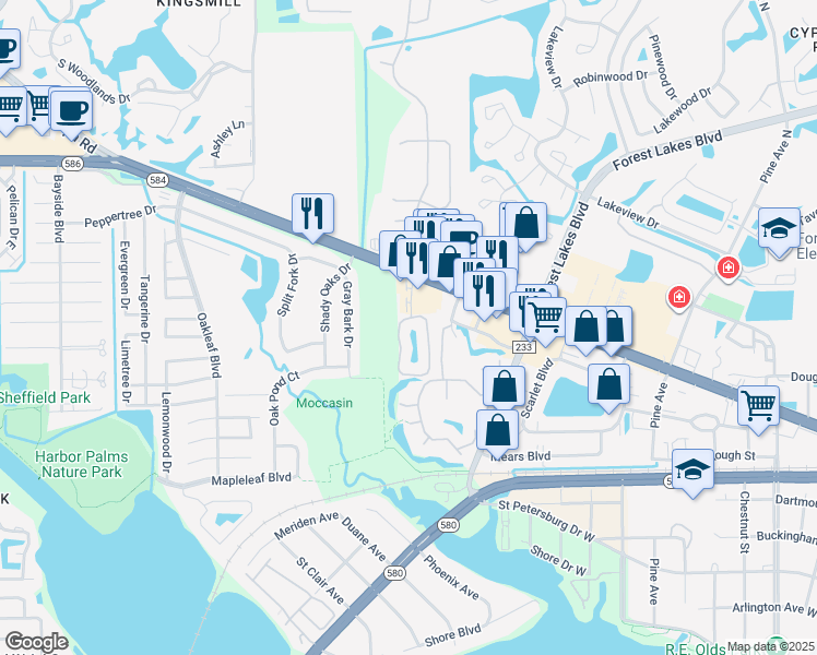 map of restaurants, bars, coffee shops, grocery stores, and more near 3 Emerald Bay Drive in Oldsmar