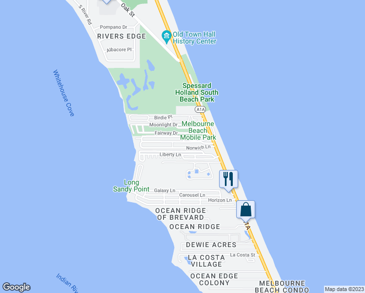 map of restaurants, bars, coffee shops, grocery stores, and more near 294 Norwich Lane in Melbourne Beach