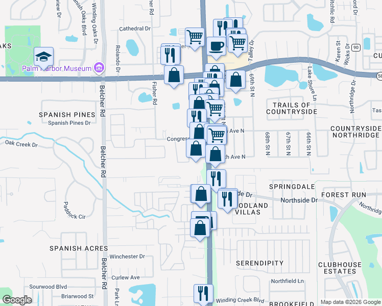 map of restaurants, bars, coffee shops, grocery stores, and more near 3331 Covered Bridge Drive East in Dunedin