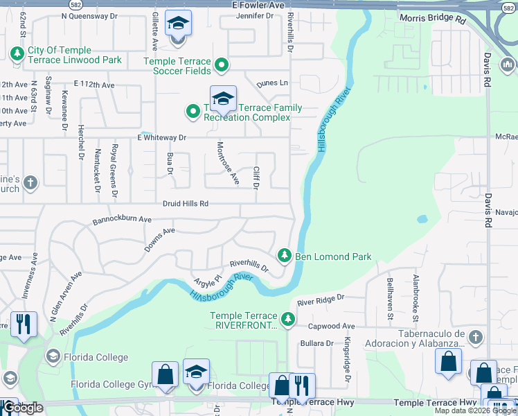 map of restaurants, bars, coffee shops, grocery stores, and more near 805 Bannockburn Avenue in Tampa