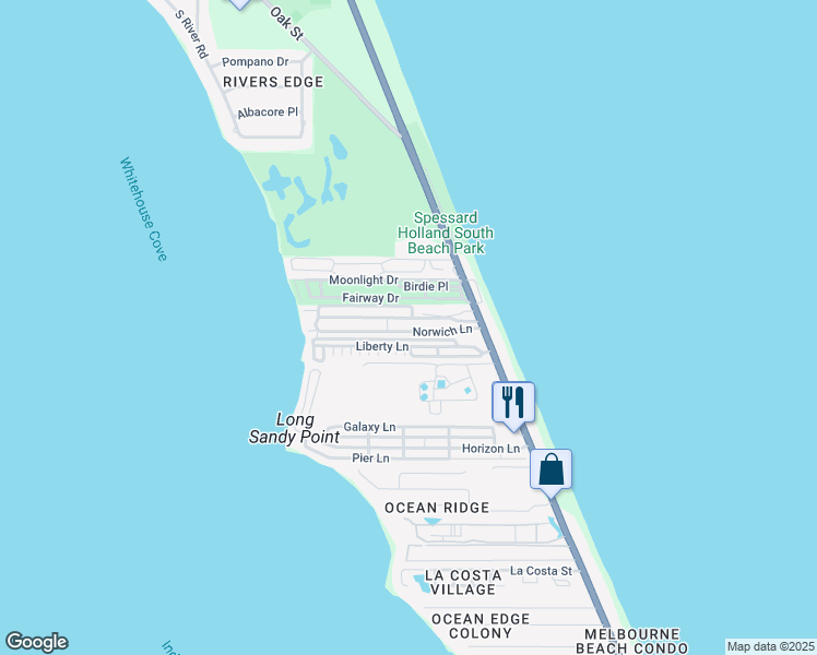 map of restaurants, bars, coffee shops, grocery stores, and more near 294 Norwich Lane in Melbourne Beach