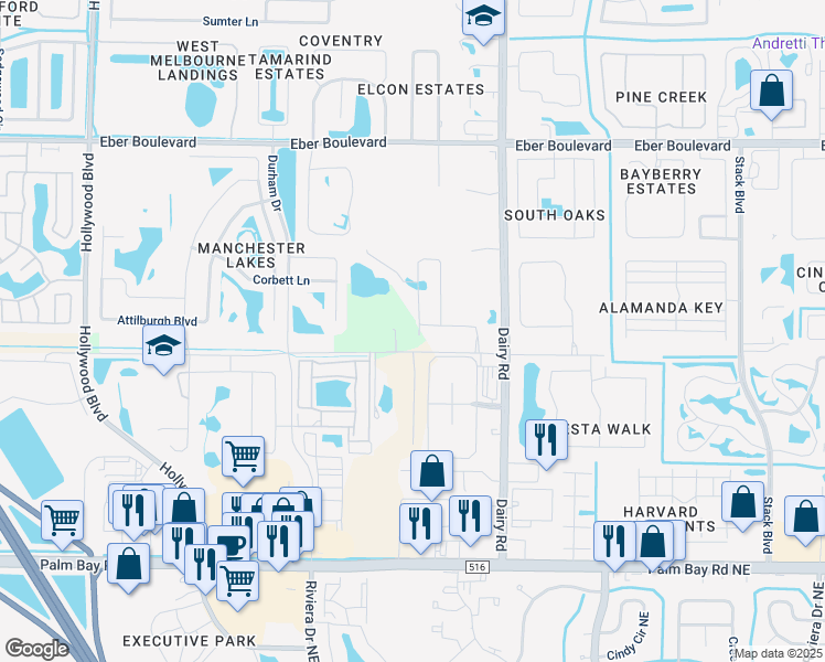 map of restaurants, bars, coffee shops, grocery stores, and more near 4734 Magenta Isles Drive in Melbourne