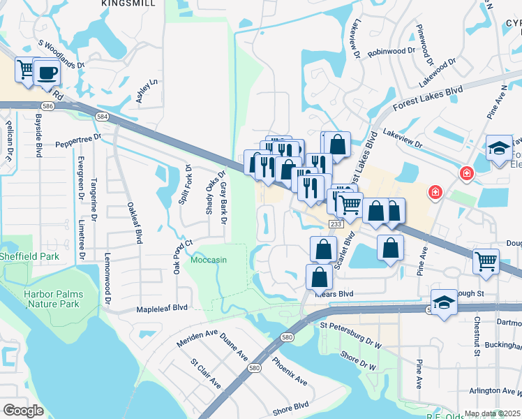 map of restaurants, bars, coffee shops, grocery stores, and more near 2 Emerald Bay Drive in Oldsmar