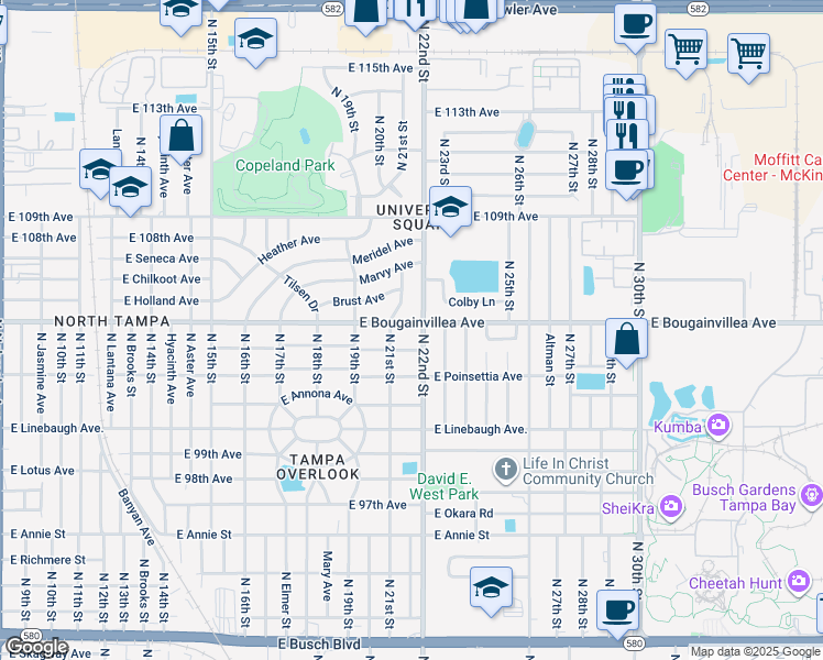 map of restaurants, bars, coffee shops, grocery stores, and more near 10403 North 21st Street in Tampa
