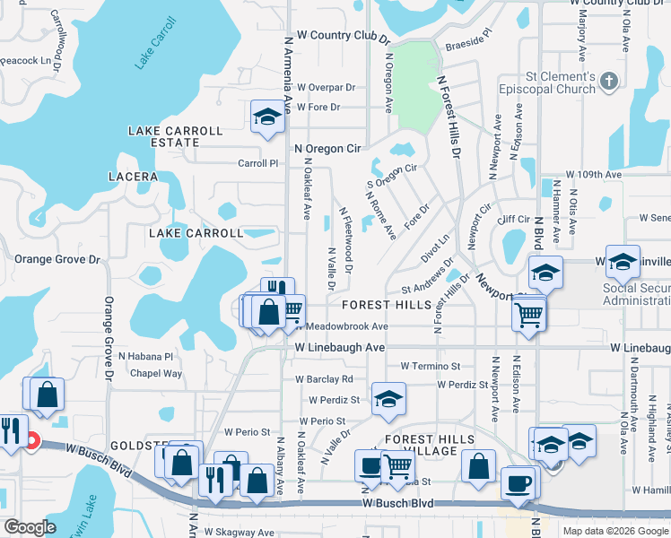 map of restaurants, bars, coffee shops, grocery stores, and more near 10215 North Valle Drive in Tampa
