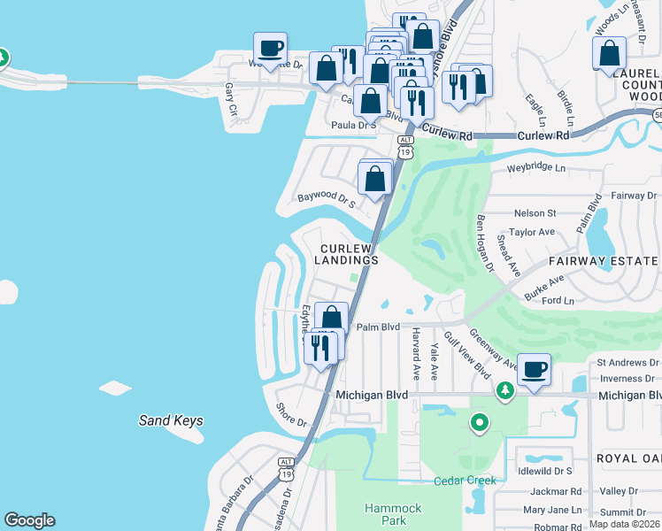 map of restaurants, bars, coffee shops, grocery stores, and more near 2278 Carolyn Drive in Dunedin