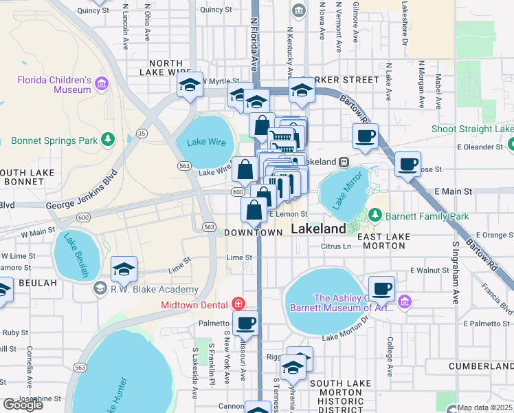 map of restaurants, bars, coffee shops, grocery stores, and more near 121 Florida Avenue South in Lakeland