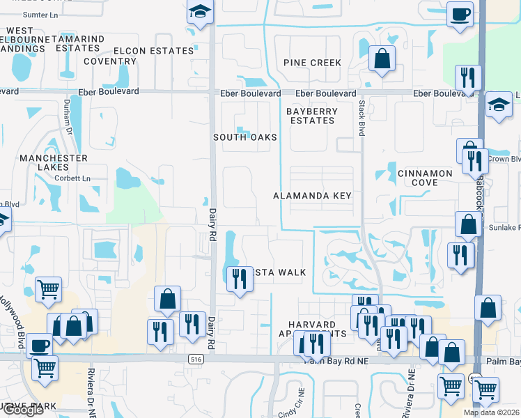 map of restaurants, bars, coffee shops, grocery stores, and more near 4285 Pagosa Springs Circle in Melbourne