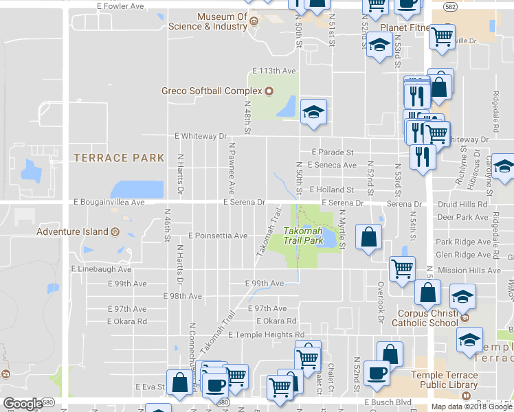 map of restaurants, bars, coffee shops, grocery stores, and more near 4821 Serena Dr in Tampa
