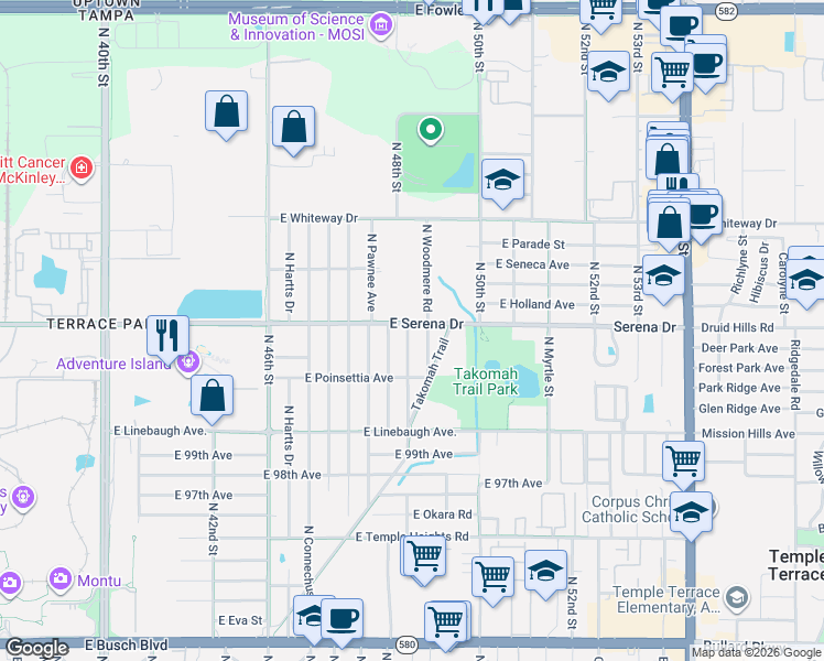 map of restaurants, bars, coffee shops, grocery stores, and more near 4821 Serena Dr in Tampa