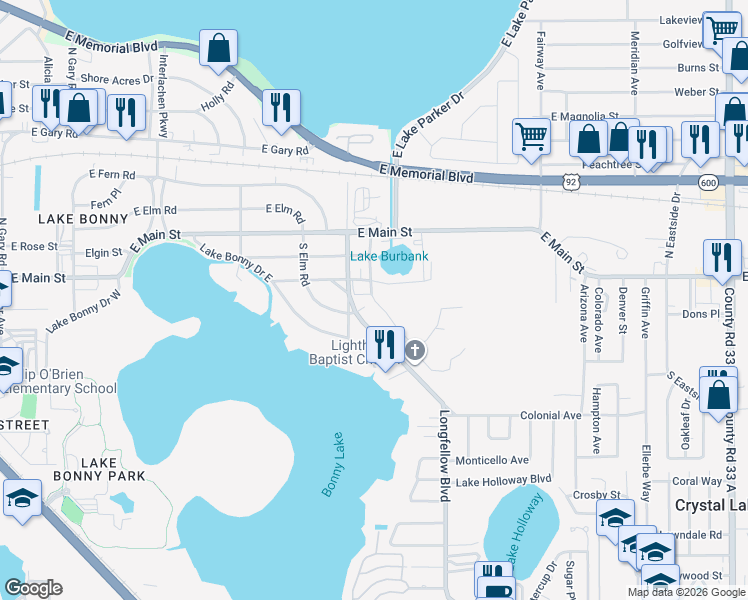 map of restaurants, bars, coffee shops, grocery stores, and more near 427 Burbank Avenue in Lakeland